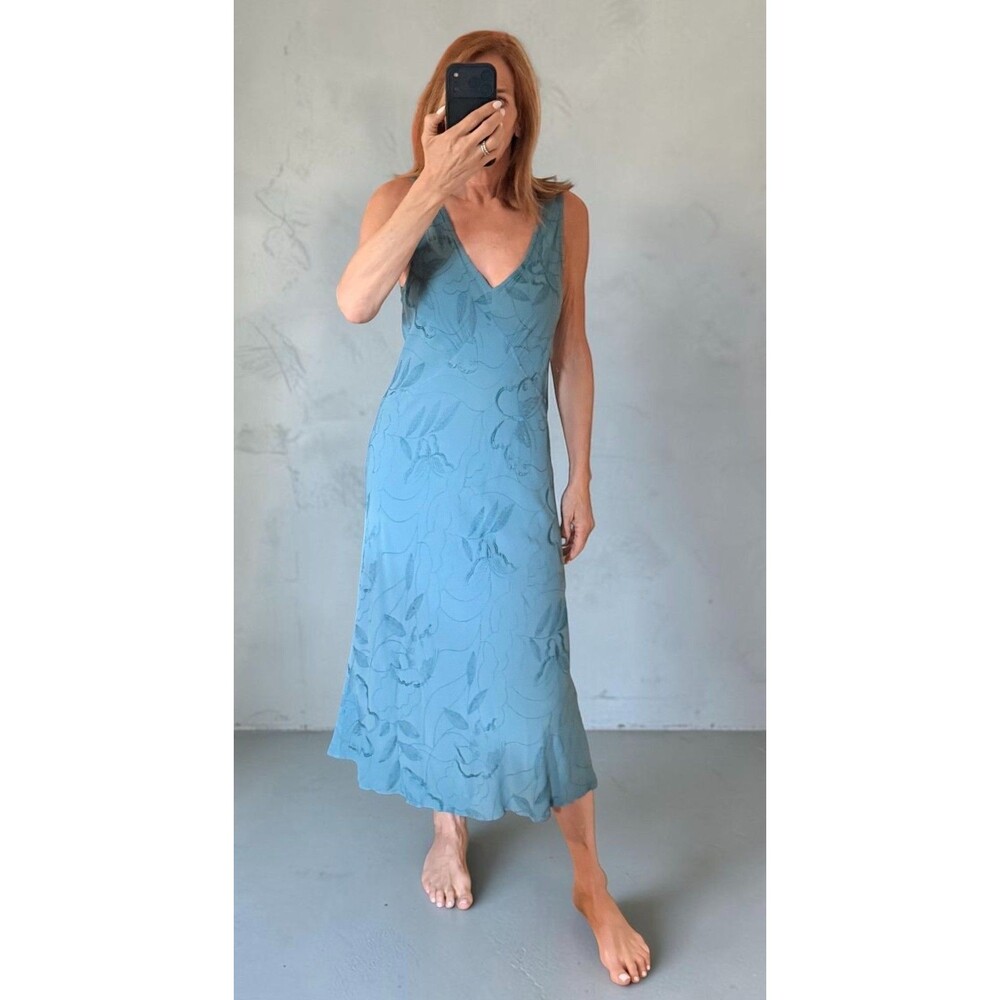 Vintage Ghost London Embroidered Floral Bias Cut Midi Dress Blue Viscose Y2K
